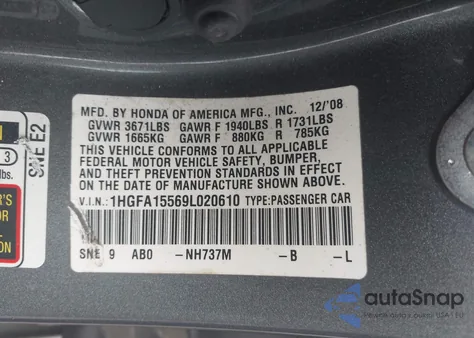 2009 Honda Civic Lx из США, поврежденный, VIN 1HGFA15569L020610